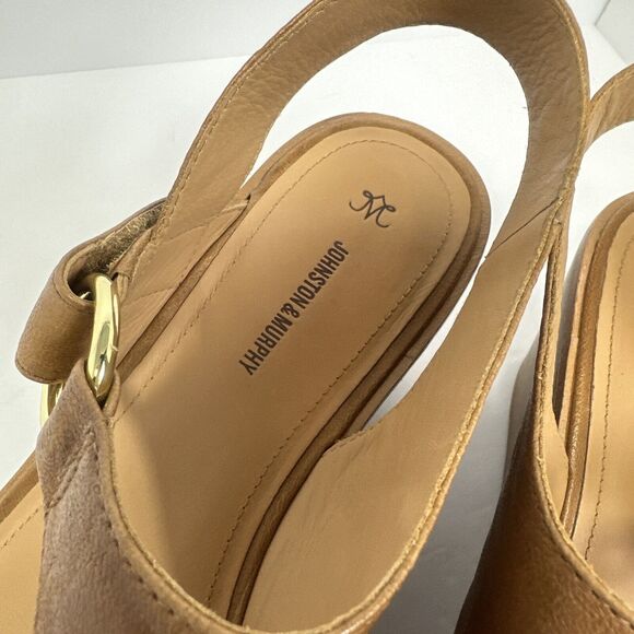 Johnston and Murphy Brown Leather Open Toe Wedges Wooden Heel Gold Buckle Sz 10 - Picture 8 of 10